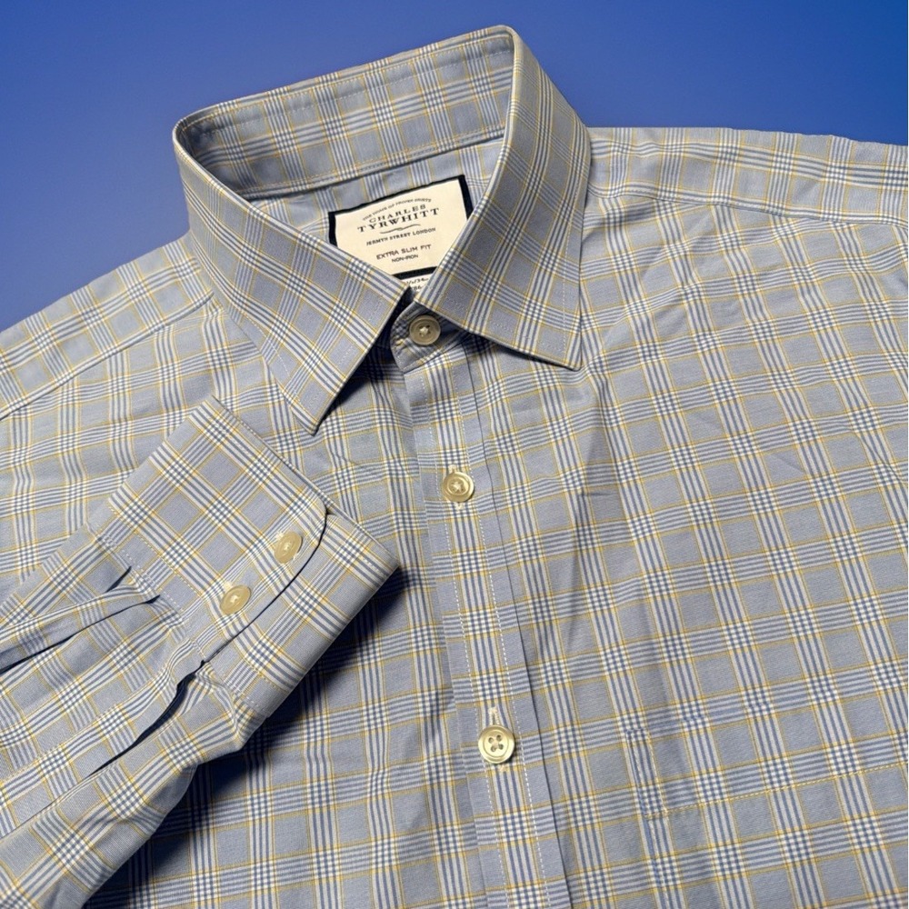 Charles Tyrwhitt Shirt Mens 15.5 34 Light Blue Plaid Extra Slim Fit Non-Iron